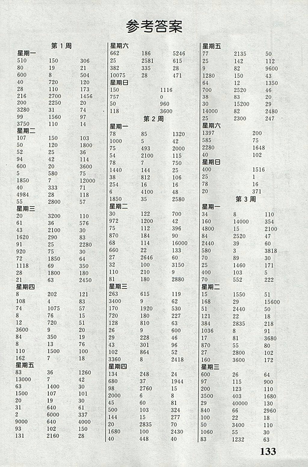 2018人教版聚焦口算数学四年级下册参考答案