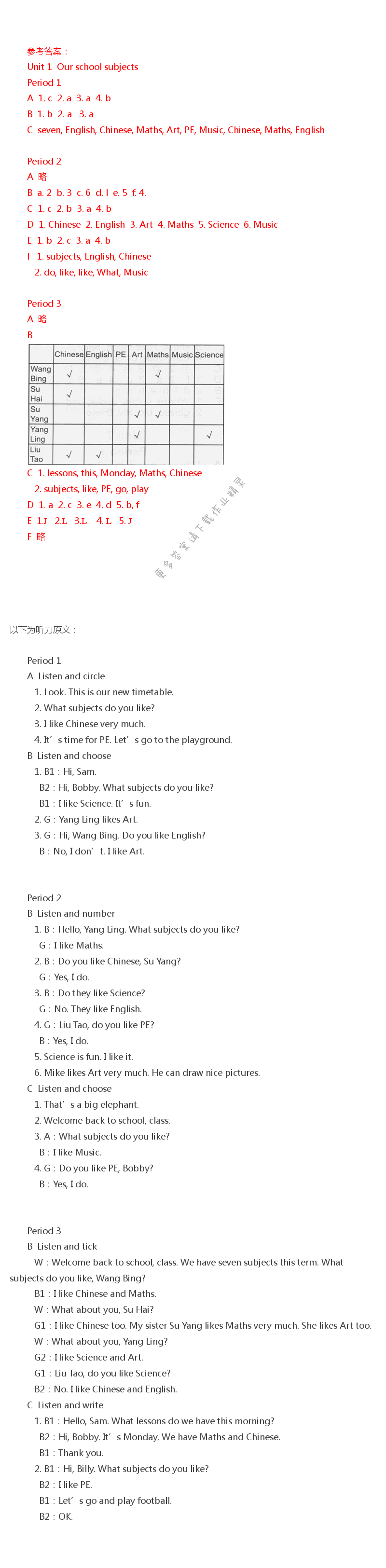 Unit 1 Our school subjects課課練答案