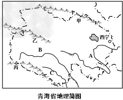 青海省地理简图"中甲,乙,丙三条山脉中表示"昆仑山脉"的是