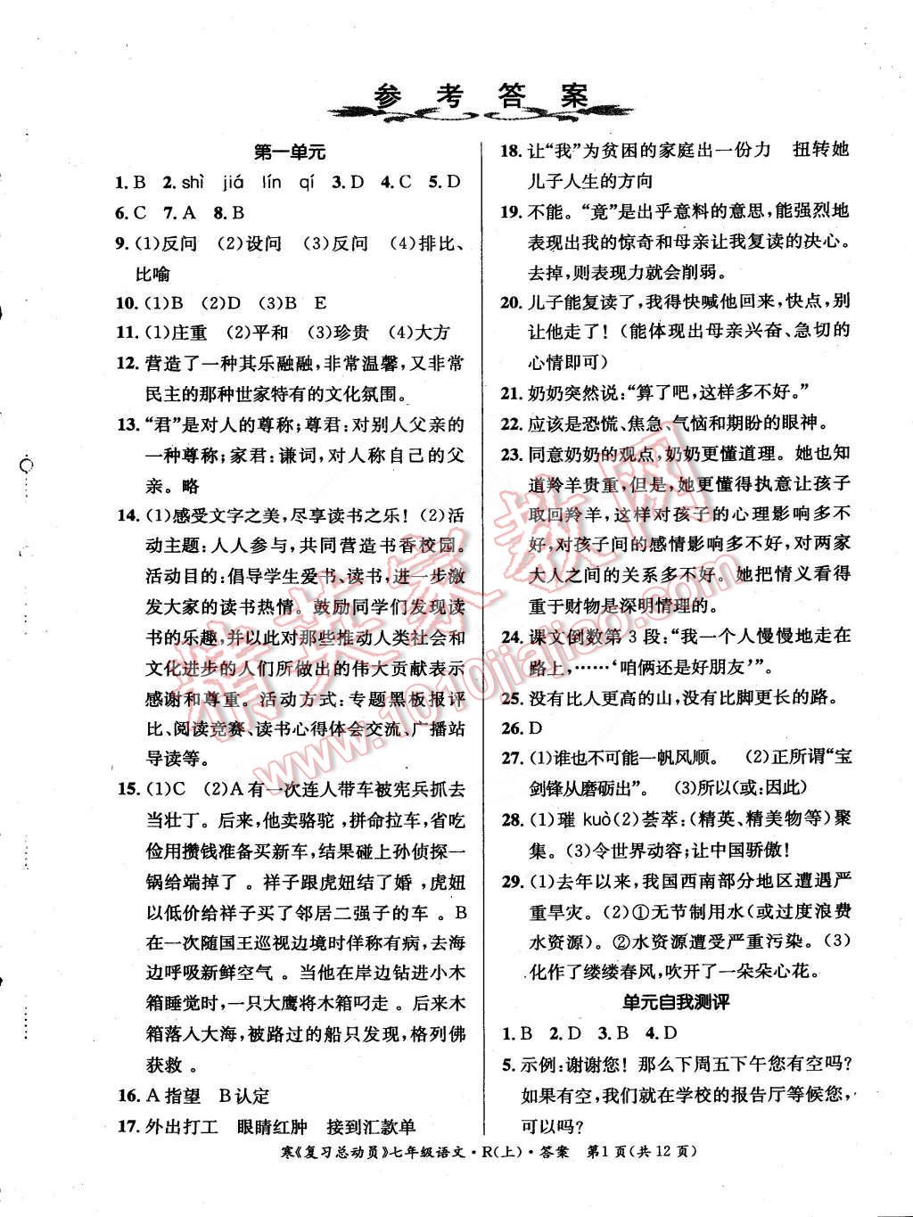 2015年复习总动员学期总复习假期作业精编七年级语文人教版答案—青