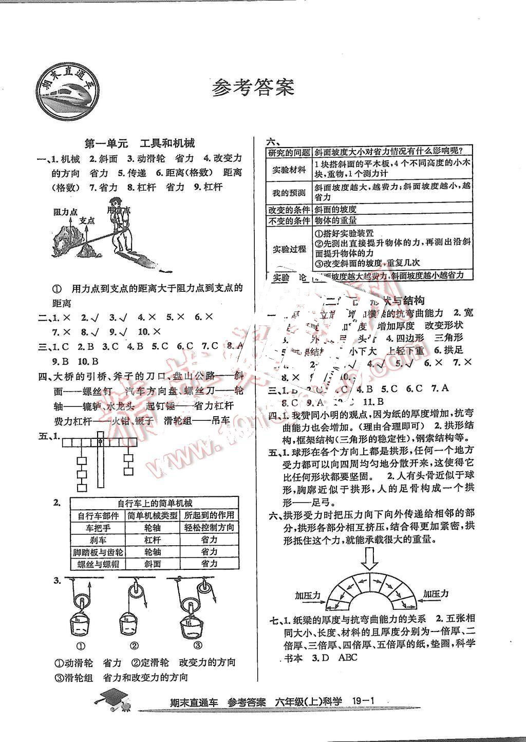 练习册 2015年期末直通车六年级科学上册答案主要