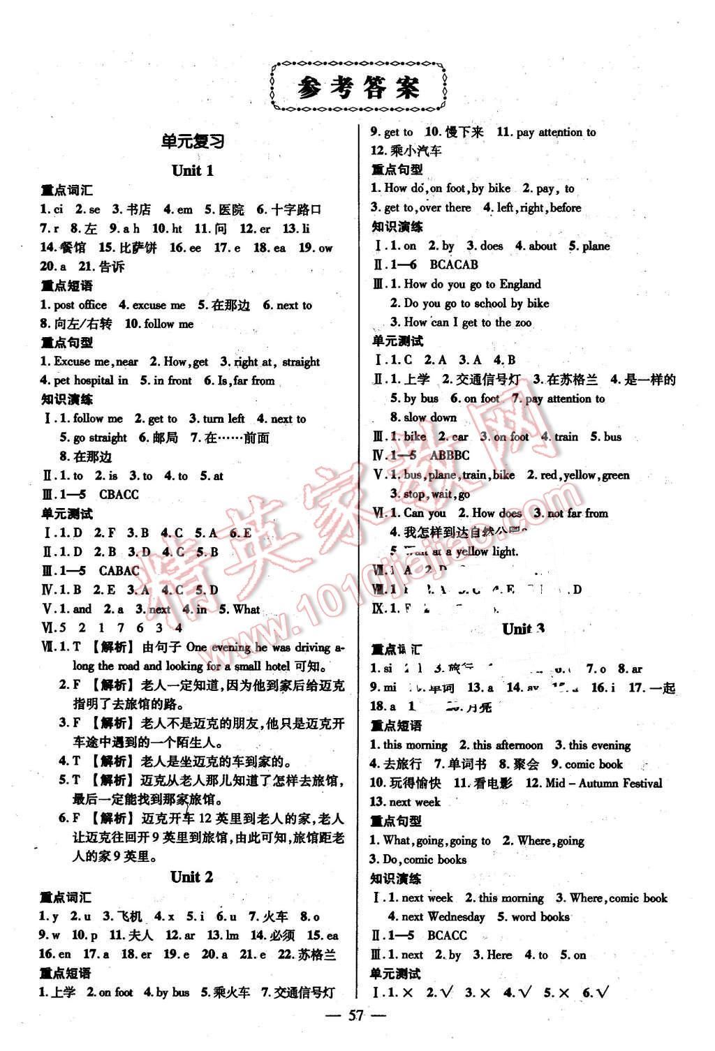 学期总复习状元成才路寒假作业六年级英语人教pep版 > 第1页 参考答案