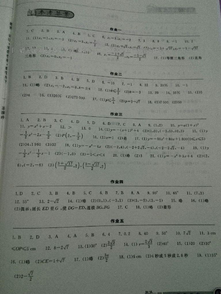 2015年长江作业本寒假作业九年级数学