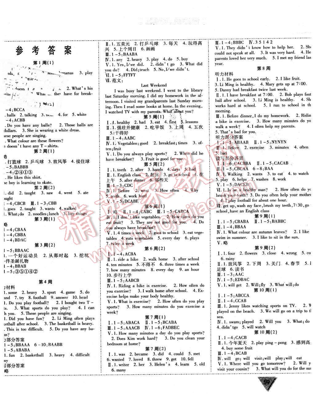 测试卷六年级英语下册冀教版三起 第1页 参考答案 分享练习册得积分