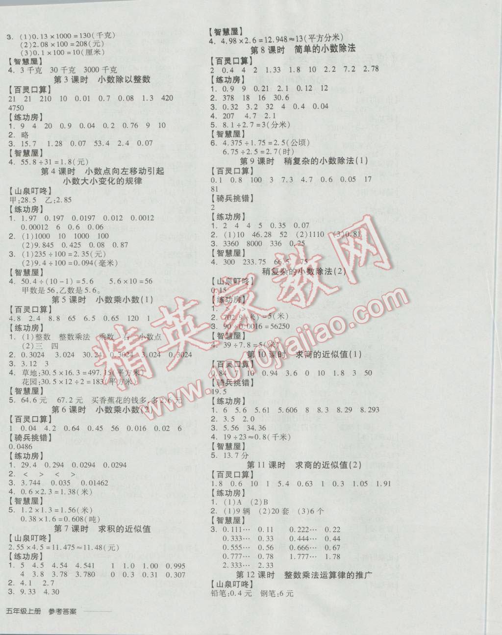 2016年全品学练考五年级数学上册苏教版 参考答案第4页