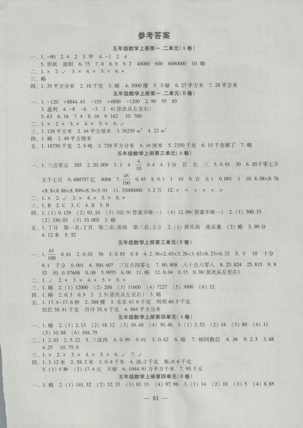 2016年小学同步达标单元双测ab卷五年级数学上册 参考答案第1页