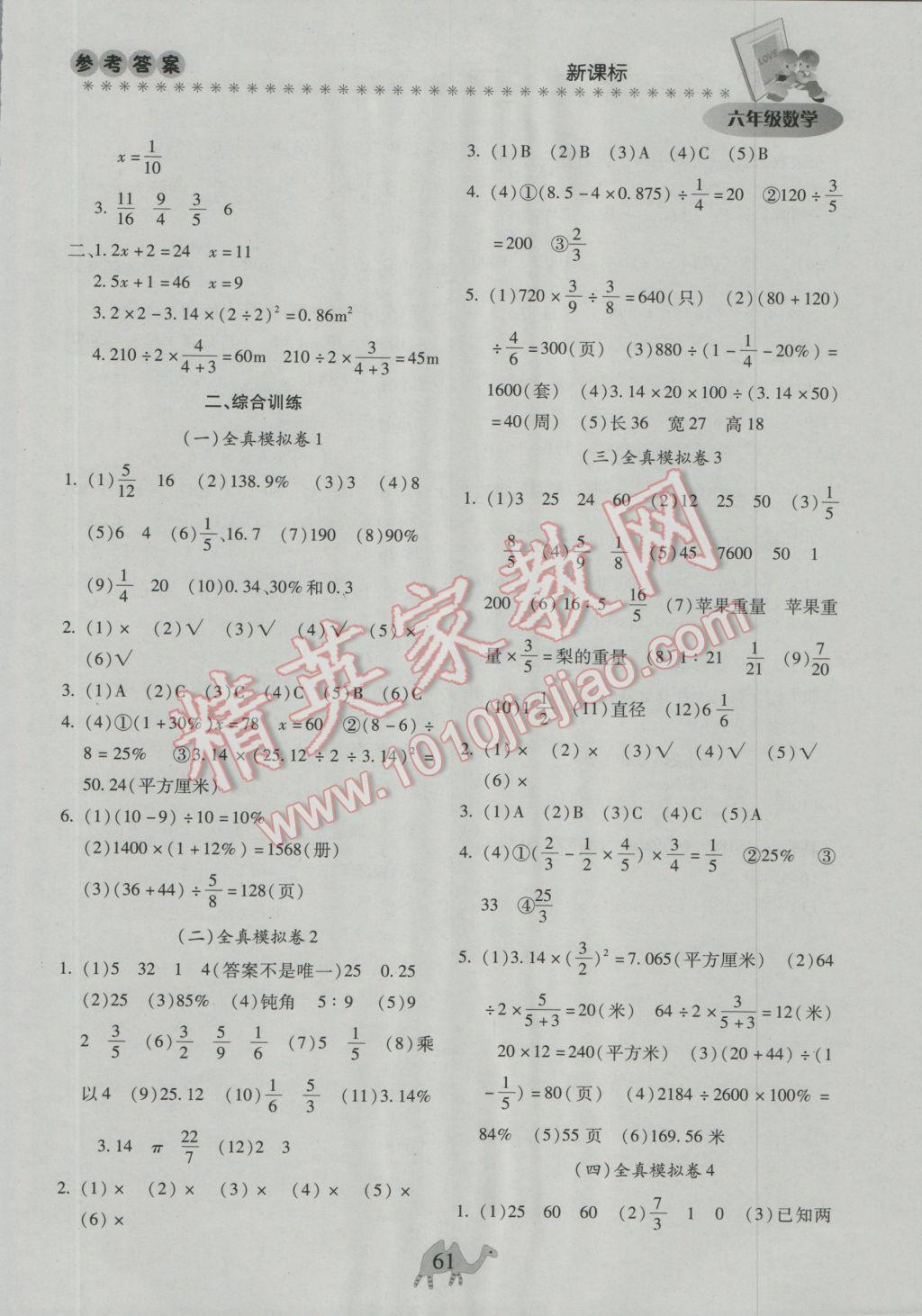 2017年云南本土教辅轻松寒假总复习六年级数学人教版 参考答案第3页