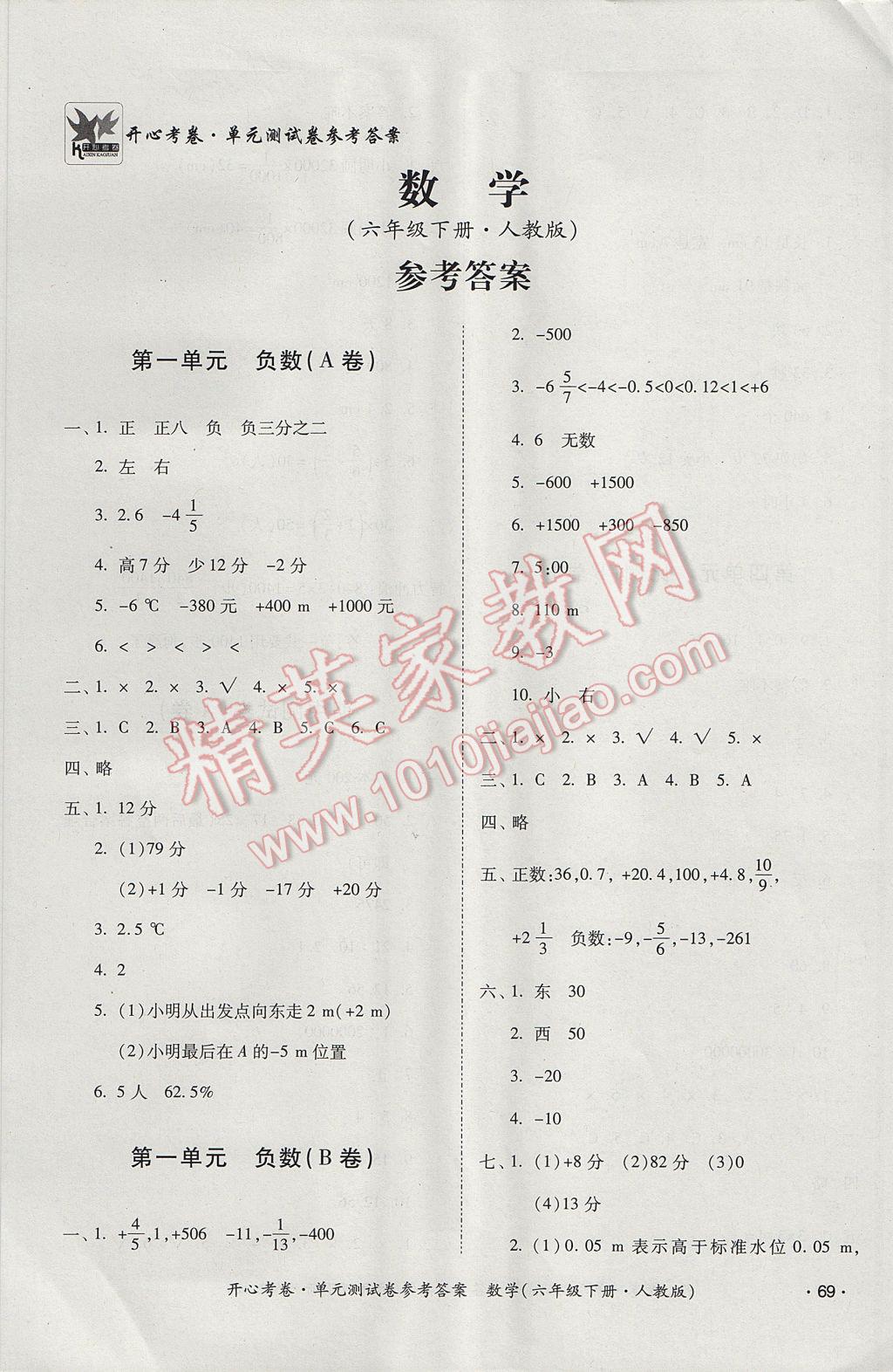 测试卷六年级数学下册人教版 参考答案第1页 参考答案 分享练习册得