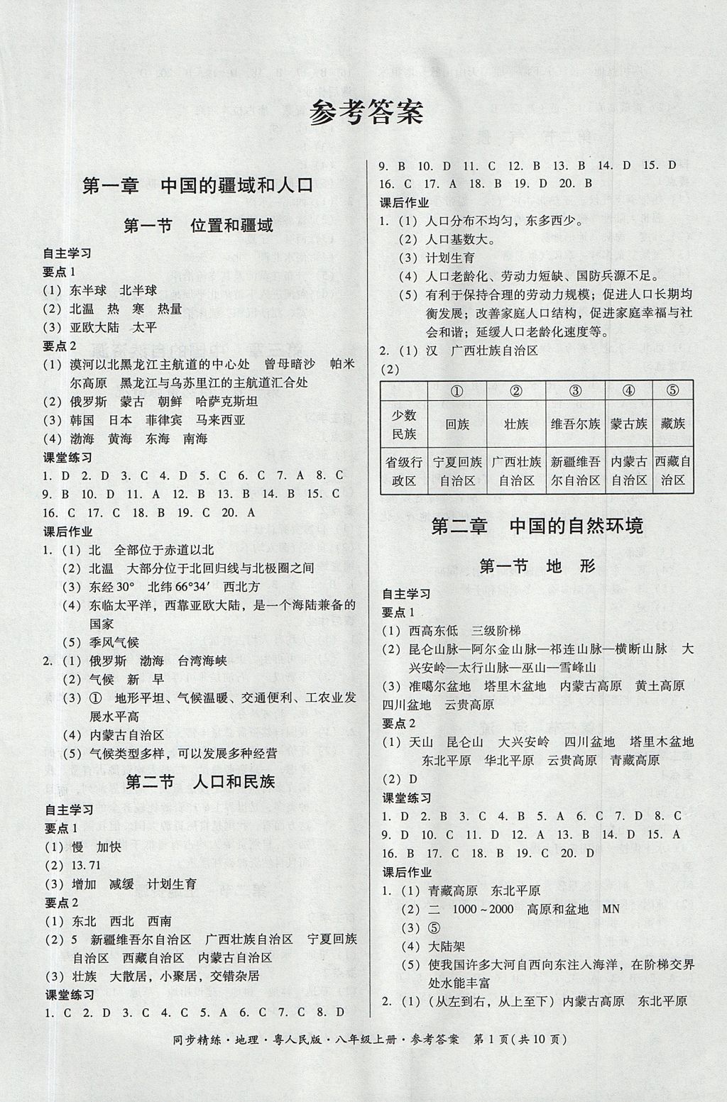 精练八年级地理上册粤人民版 参考答案 参考答案 分享练习册得积分