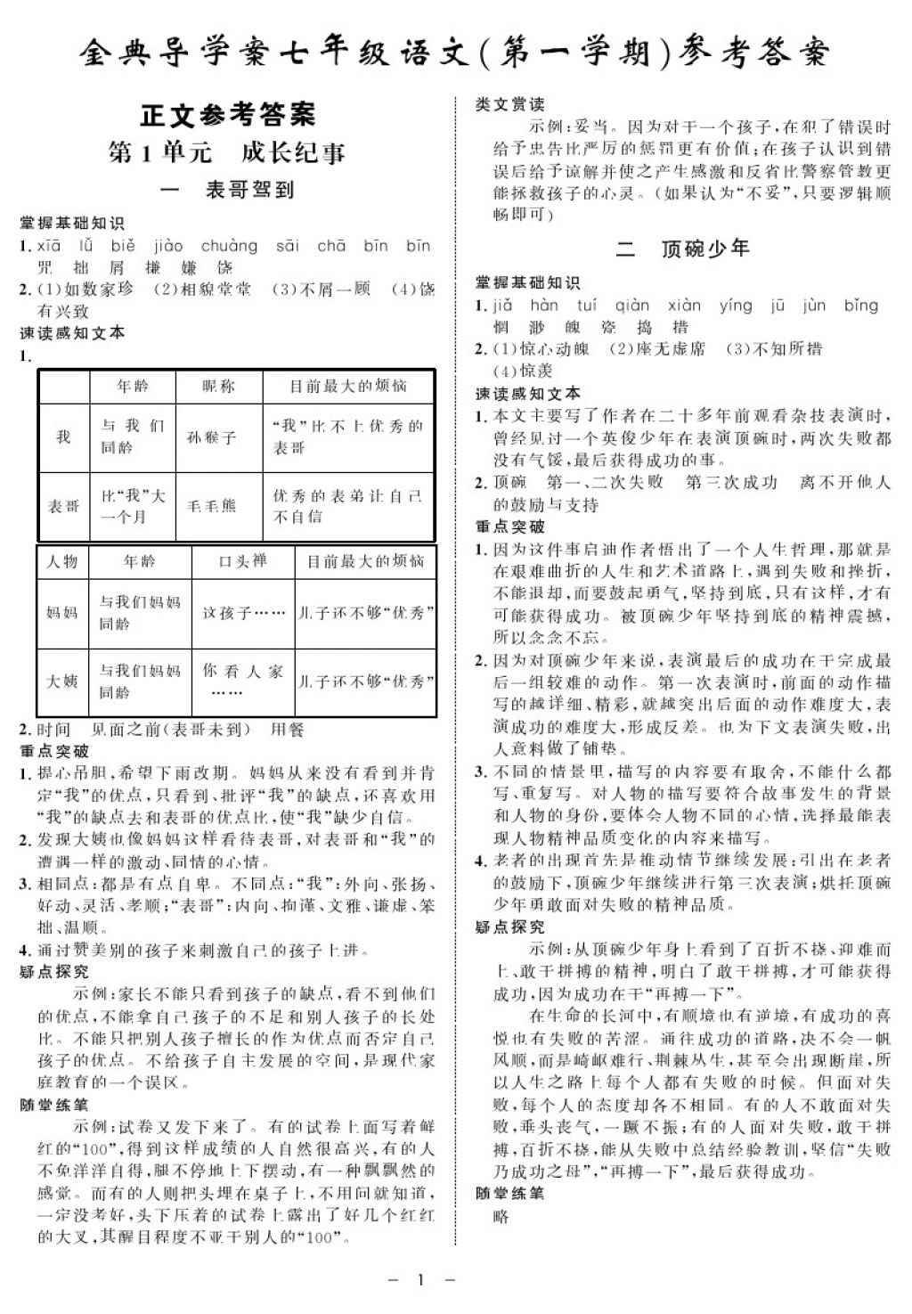 钟书金牌金典导学案七年级语文第一学期所有年代上下册答案大全—青