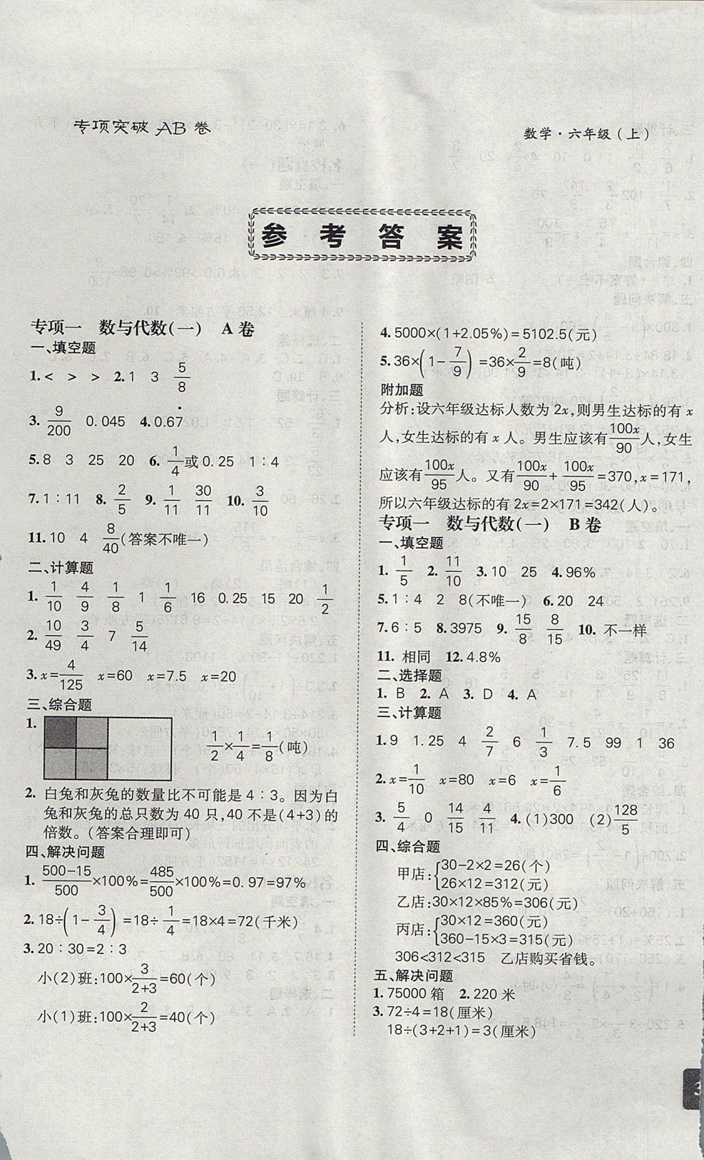 2017年刷卷专项突破AB卷六年级数学上册人教