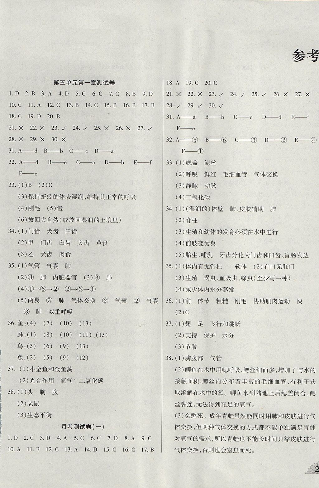 2017年千里马单元测试卷八年级生物上册人教版 参考答案第1页