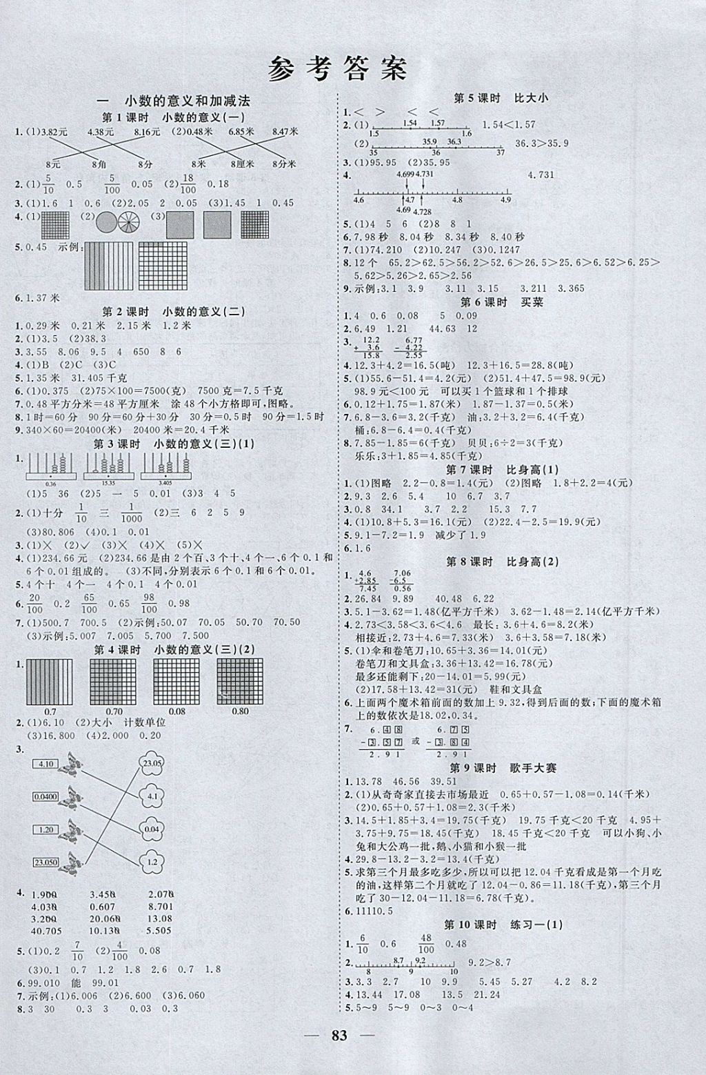 2018年阳光同学课时优化作业四年级数学下册北师大版 参考答案第1页