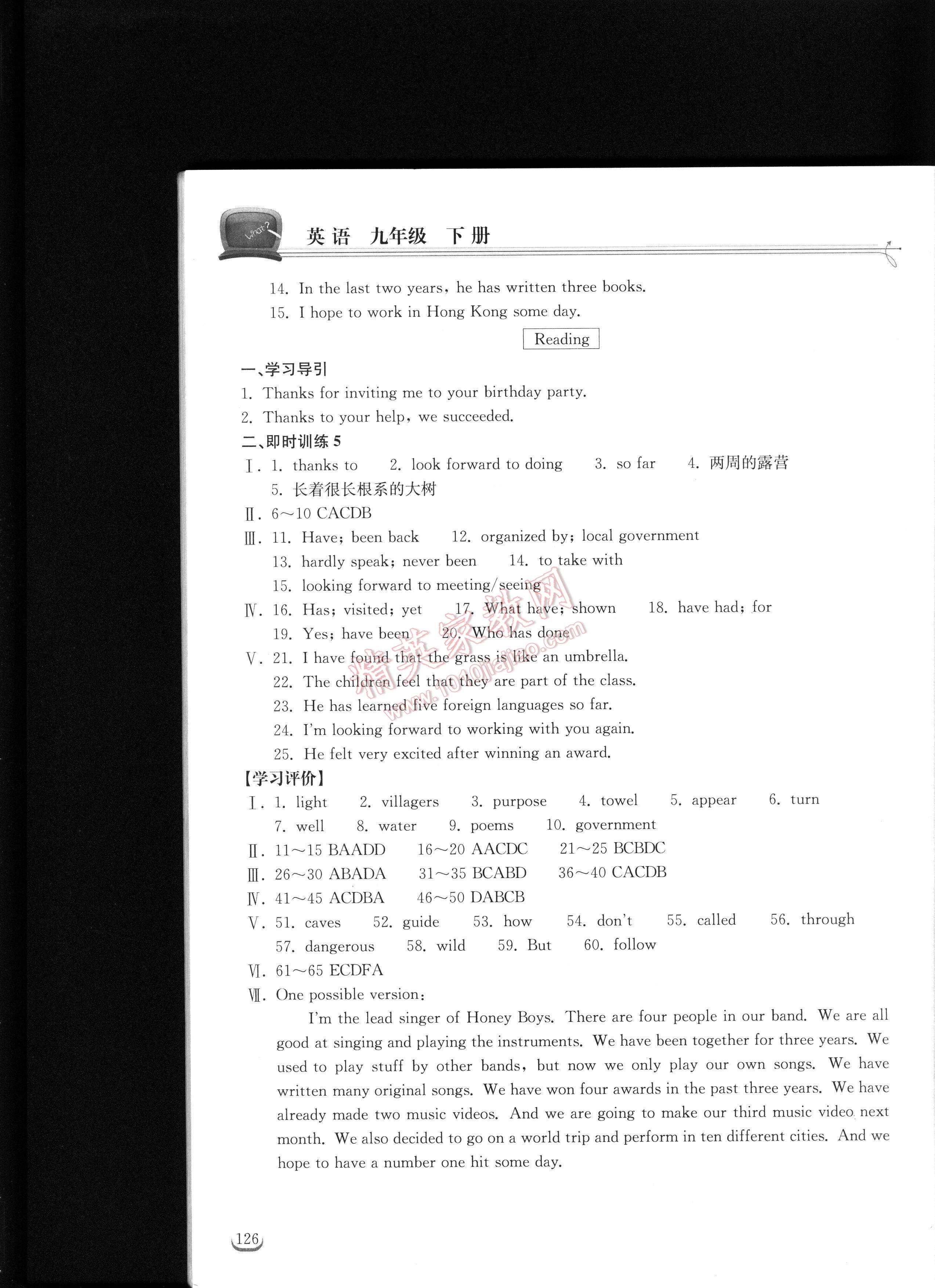 长江作业本同步练习册英语九年级下册人教版 第126页