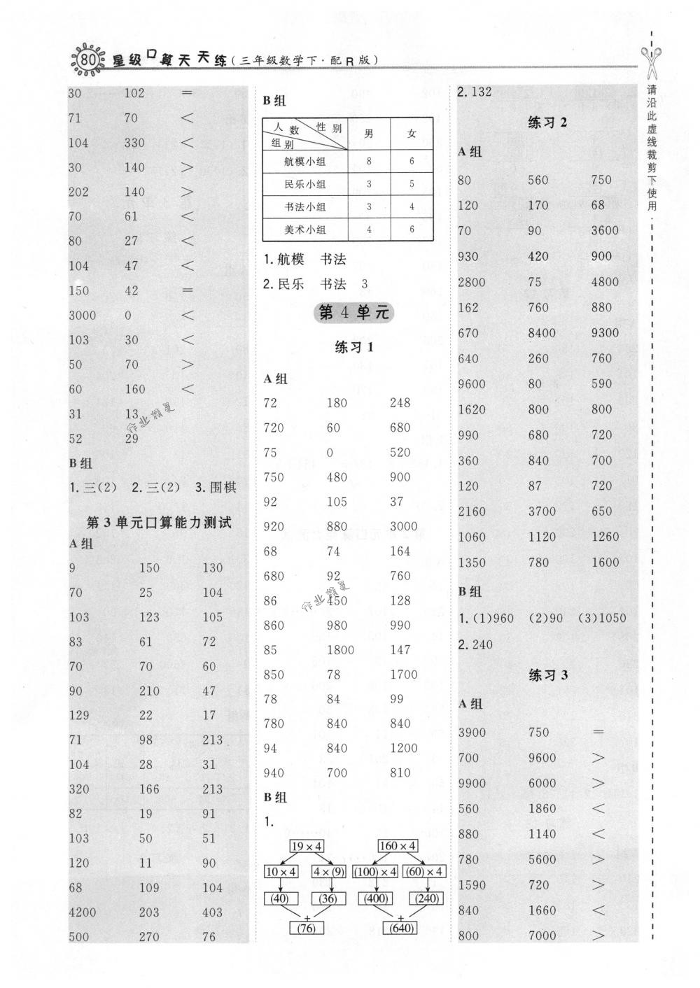 2018年星级口算天天练三年级数学下册人教版答案—青夏教育精英家教