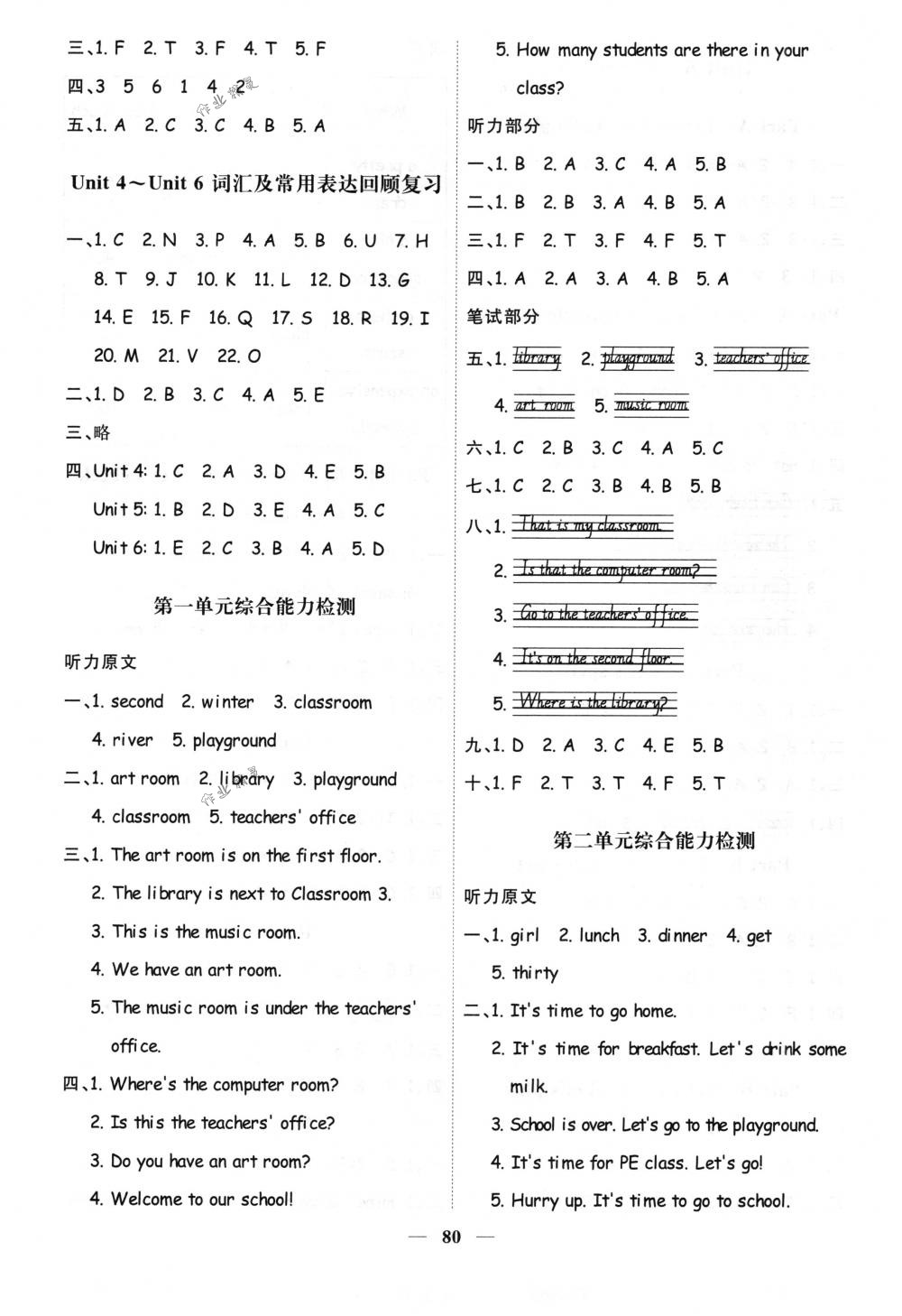 2018年阳光同学课时优化作业四年级英语下册人教pep版答案—青夏