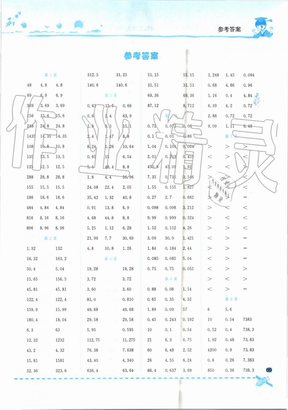 2019年黄冈小状元口算速算练习册五年级数学上册人教版