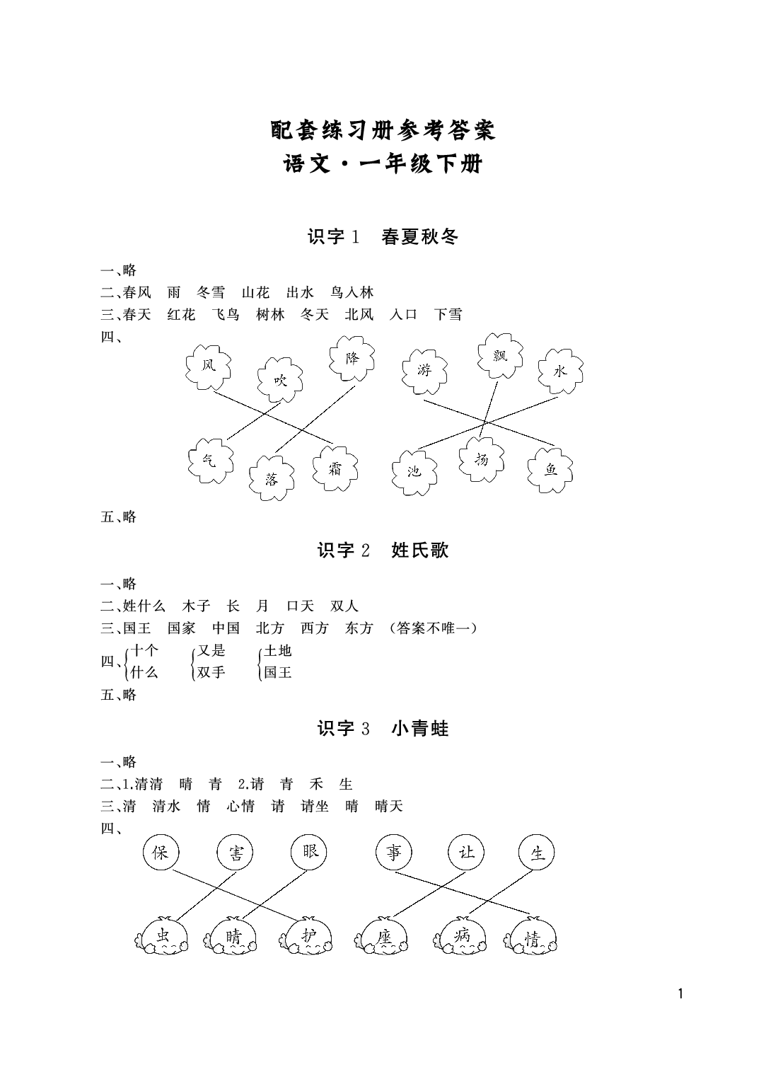 2020年伴你学配套练习册一年级语文下册人教版 参考答案第1页
