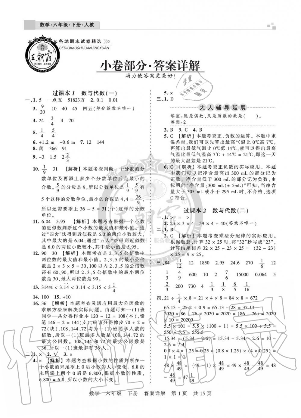 2020年王朝霞各地期末试卷精选六年级数学下册人教版九县七区专版答案