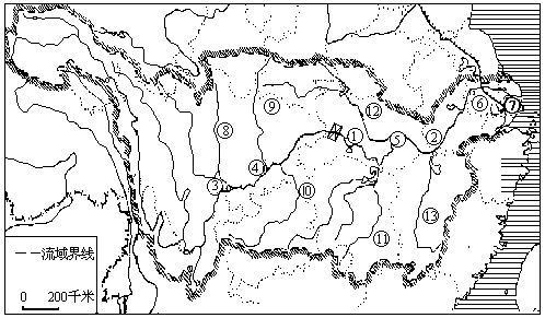 37.读长江水系图,把图中―13的名称写在下面(13分)