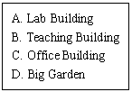 ı: A. Lab Building
B. Teaching Building
C. Office Building
D. Big Garden
E. Library  
