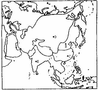 读"亚洲气候类型分布图",回答(每空1分,共7分)