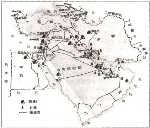 (1)中东地区的产油国包括哪些(2)输油管的分布有什么规律?