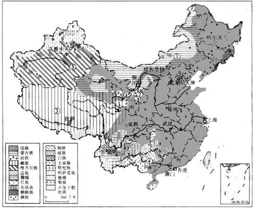 1.读"中国民族分布图",回答