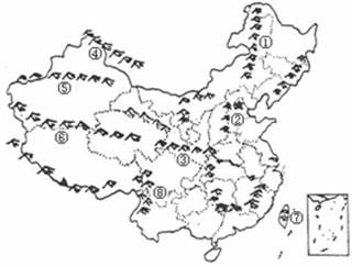 中国地形分布示意图,完成下列要求(13分)