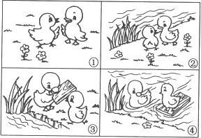 看图编故事 小鸡和小鸭子是怎样过河的?它们说了些什么?做了些什么?