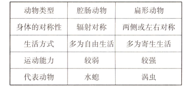 比较下列腔肠动物和扁形动物身体结构示意图.完成下表