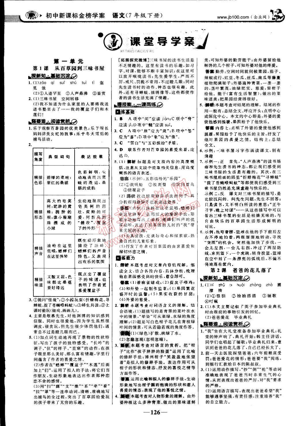 2015年世纪金榜金榜学案七年级语文下册人教版