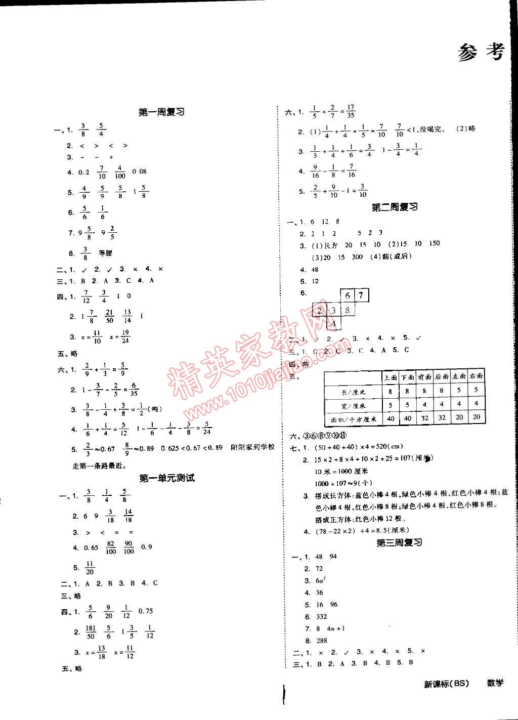 2015年同步活页测试卷全品小复习五年级数学下册北师大版