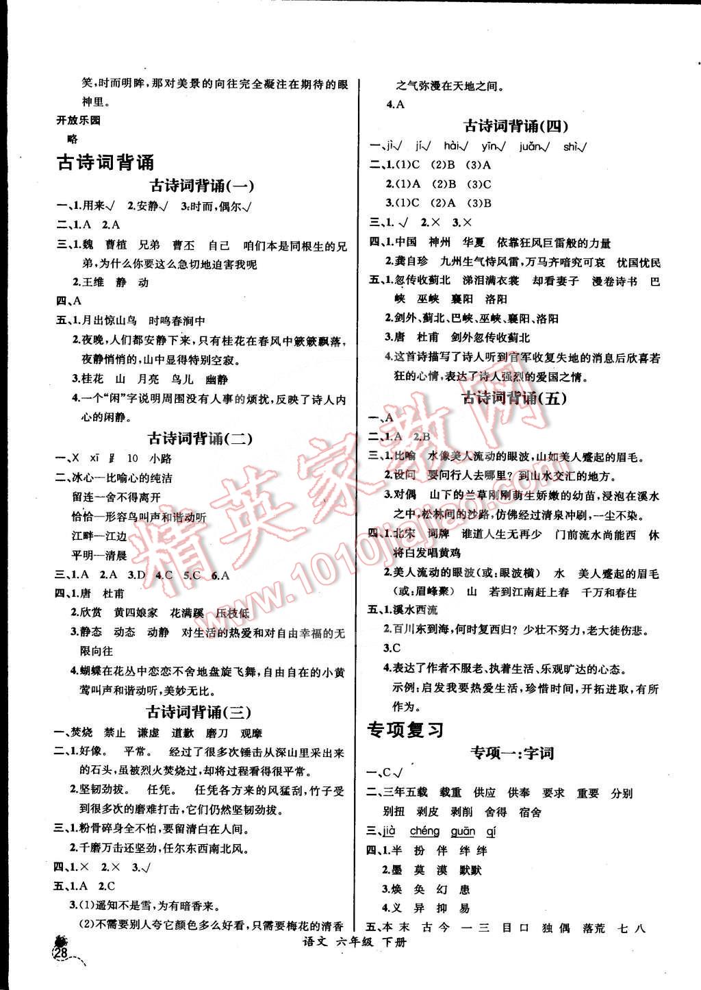 2016年同步导学案课时练六年级语文下册人教版河北专版答案—精英