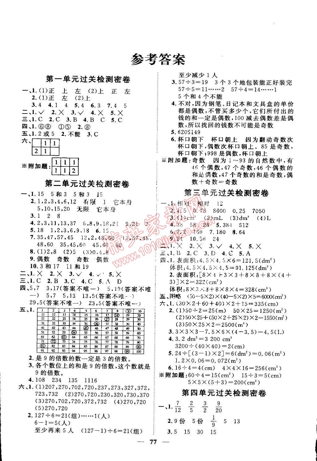 2015年一线名师全优好卷五年级数学下册人教版答案—青夏教育精英