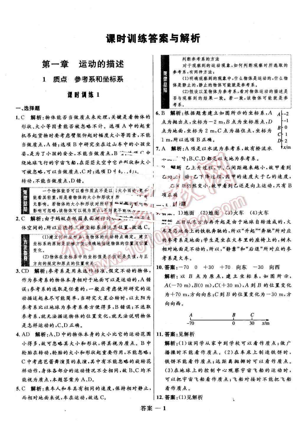 2015年高中同步测控优化训练物理必修1人教版答案—精英家教网