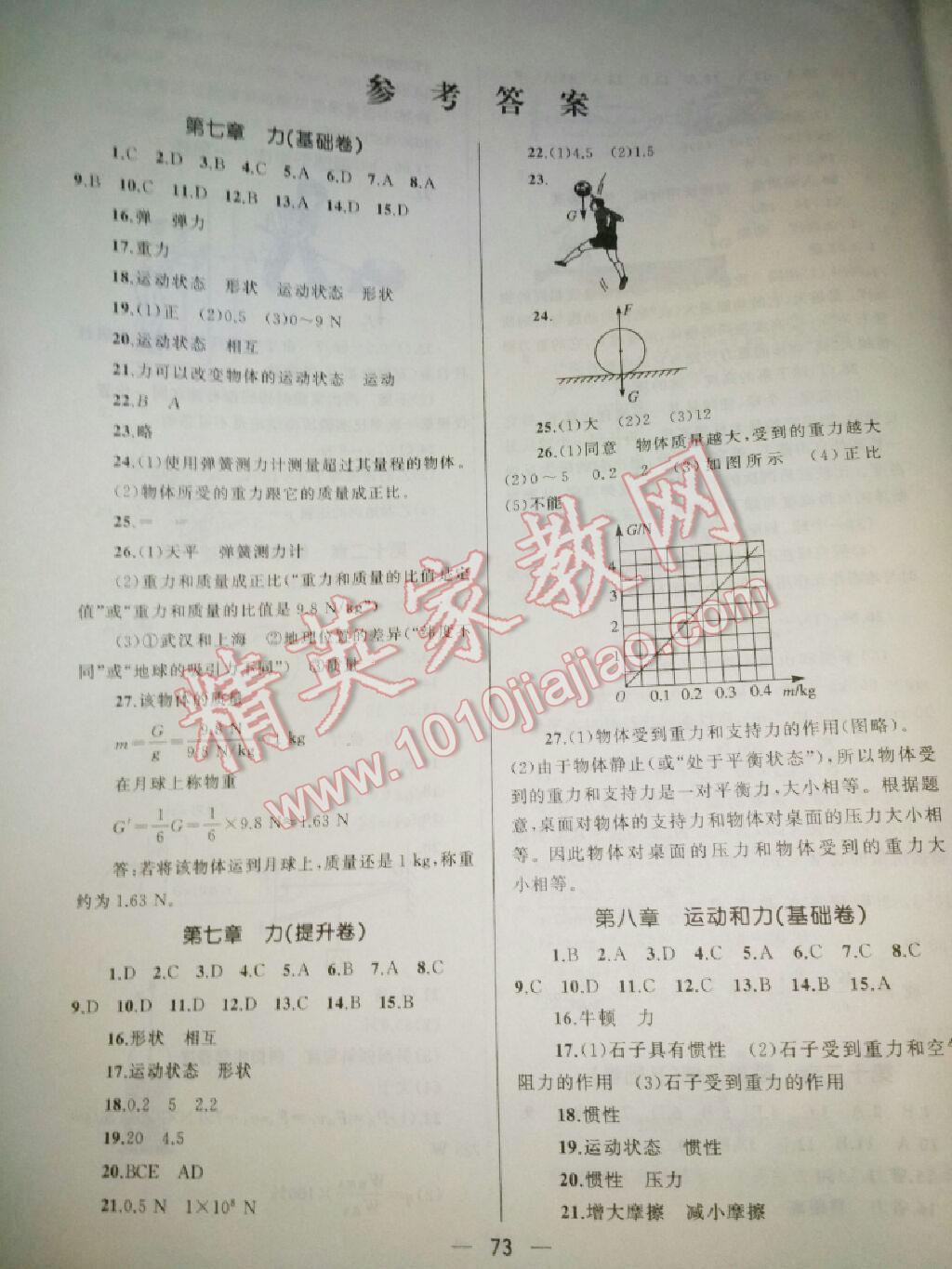 单元测试卷八年级物理下册人教版 第1页 参考答案 分享练习册得积分