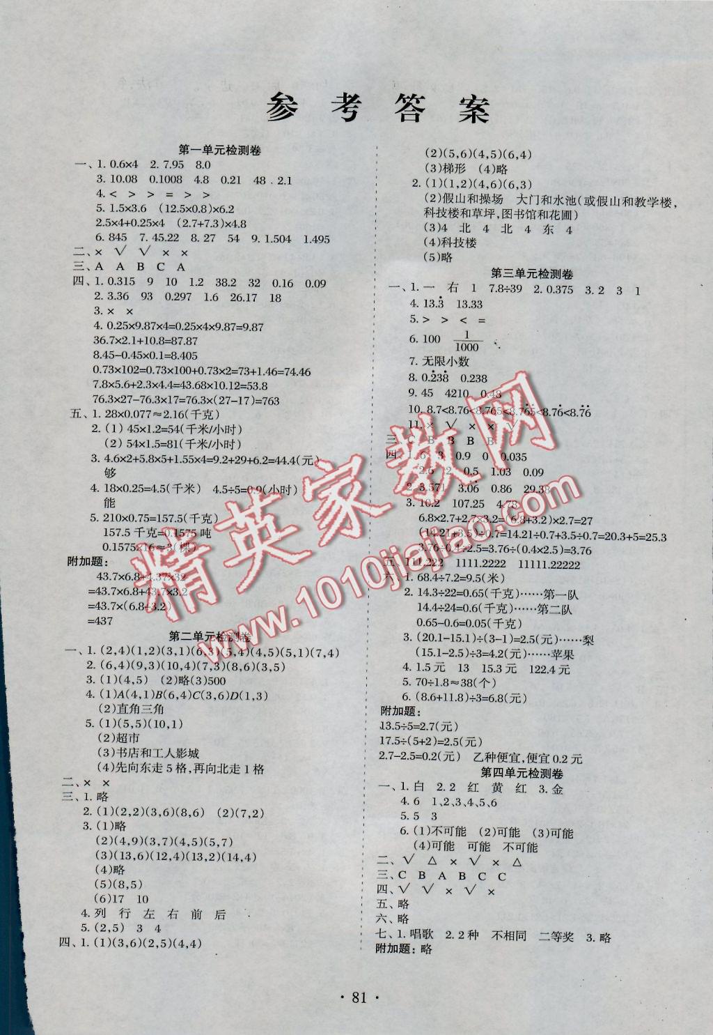 2016年新题型黄冈全程检测100分五年级数学上册人教版 参考答案第1页