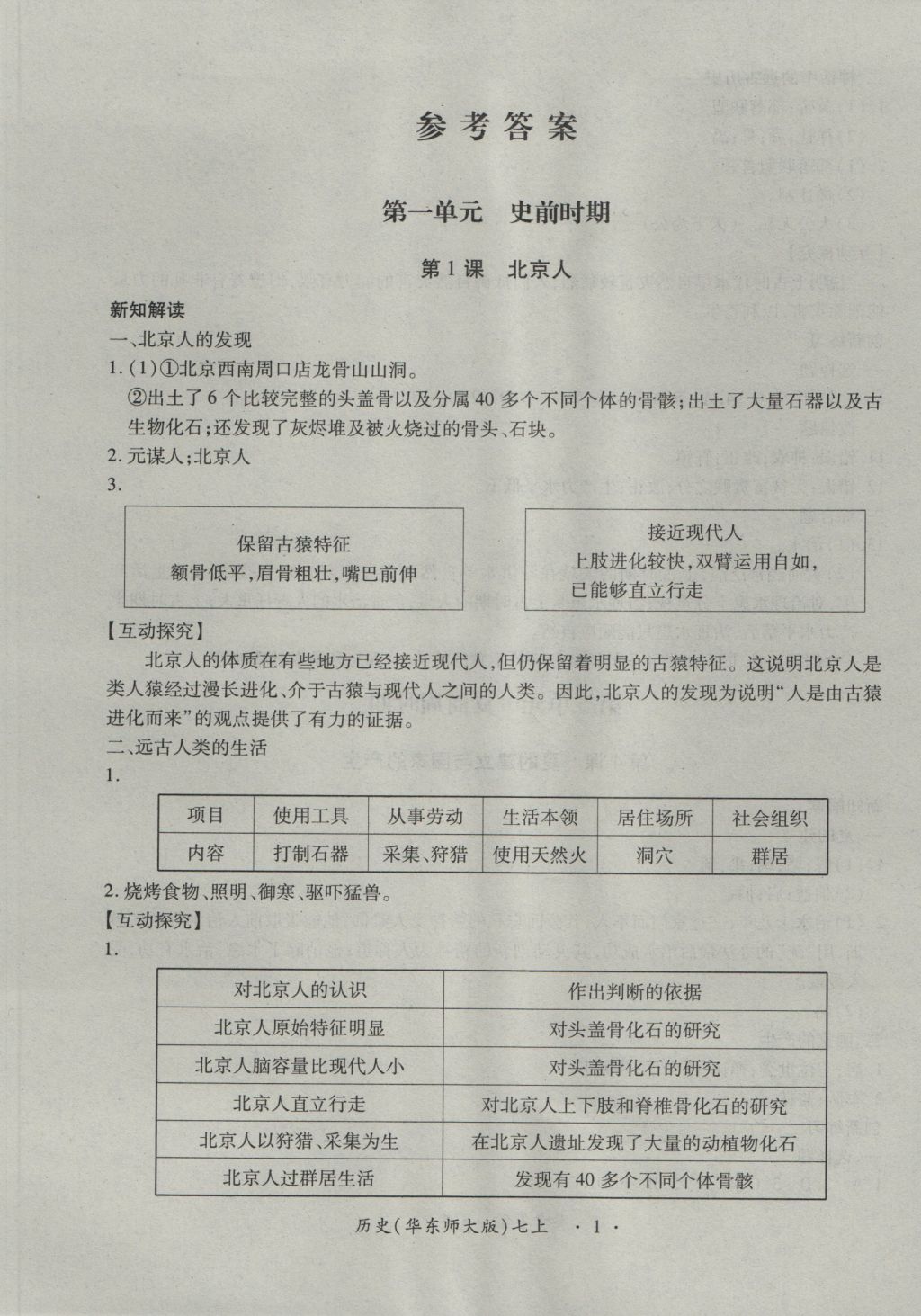 2016年一课一练创新练习七年级历史上册华师大版 参考答案第1页