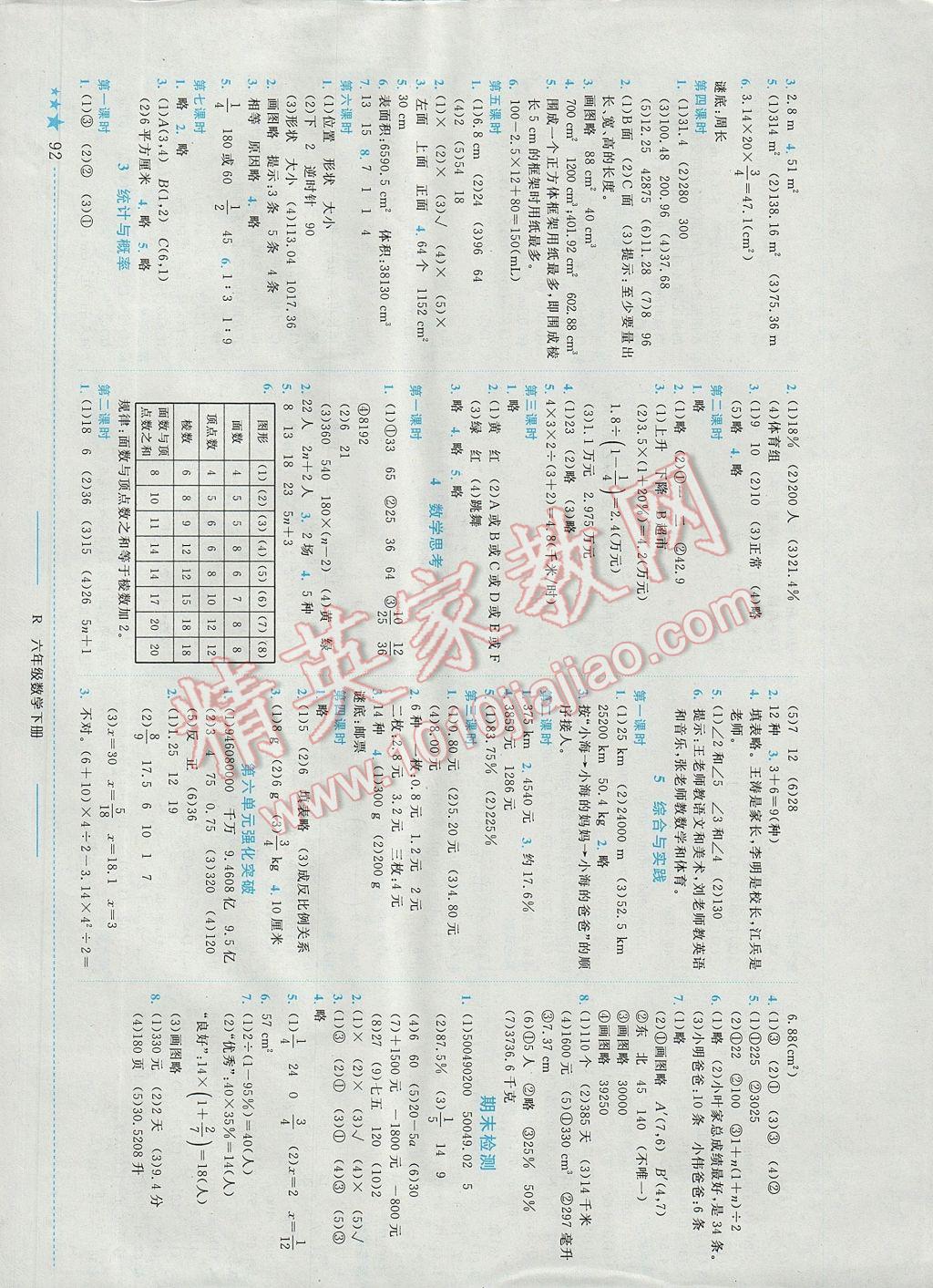 2017年黄冈小状元作业本六年级数学下册人教版广东专版答案