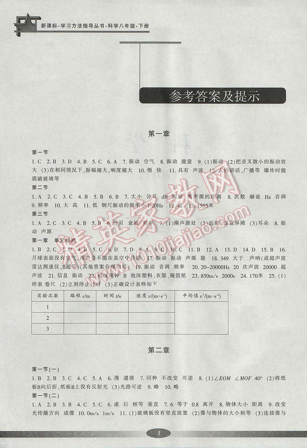 2017年新课标学习方法指导丛书八年级科学下册人教版答案