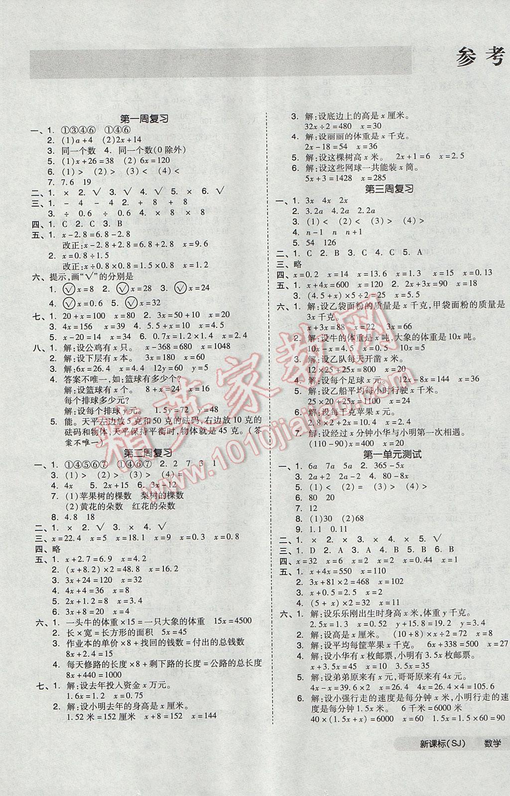 2017年全品小复习五年级数学下册苏教版 参考答案第1页