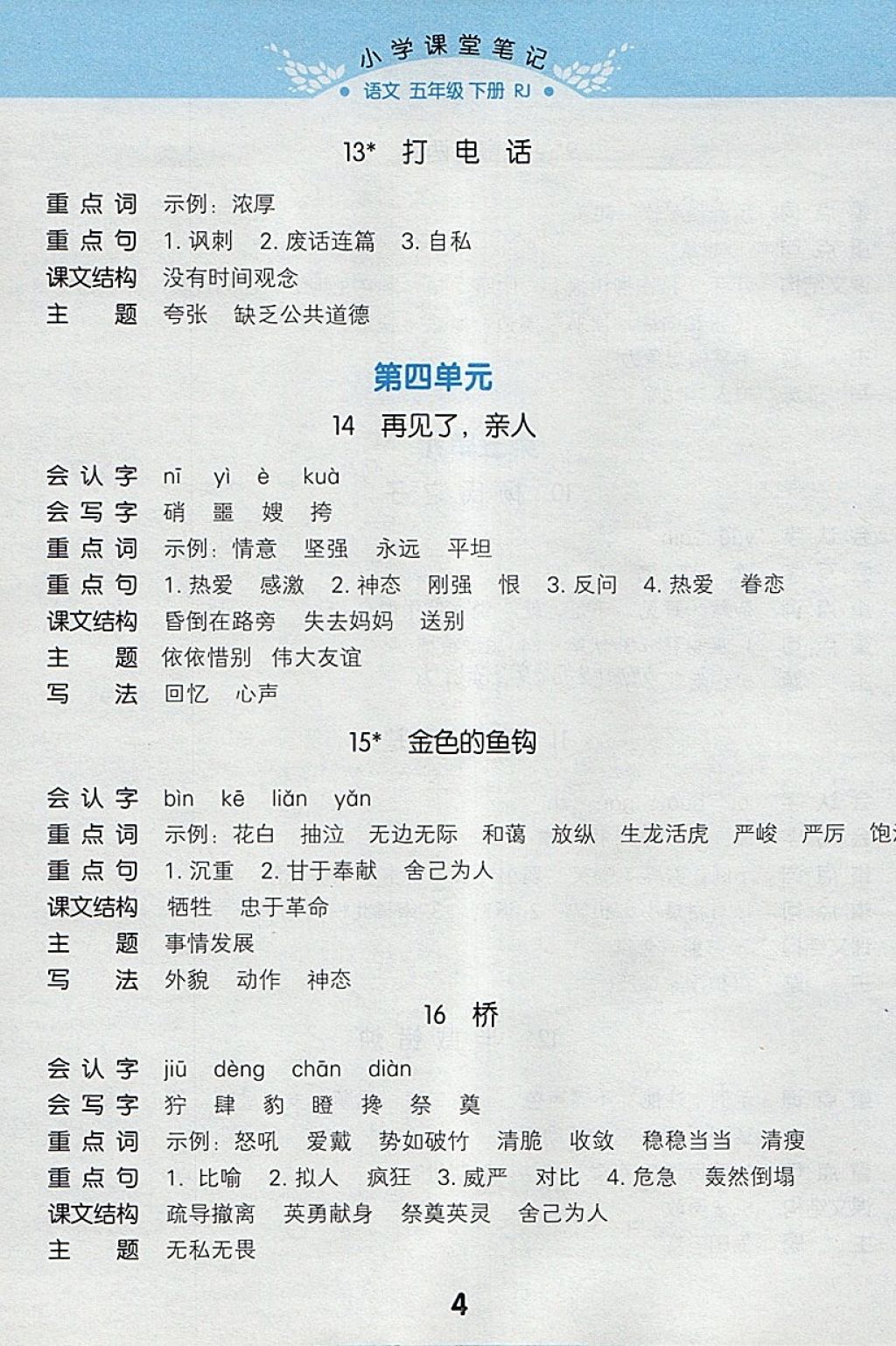 2018年小学课堂笔记五年级语文下册人教版 参考答案第4页