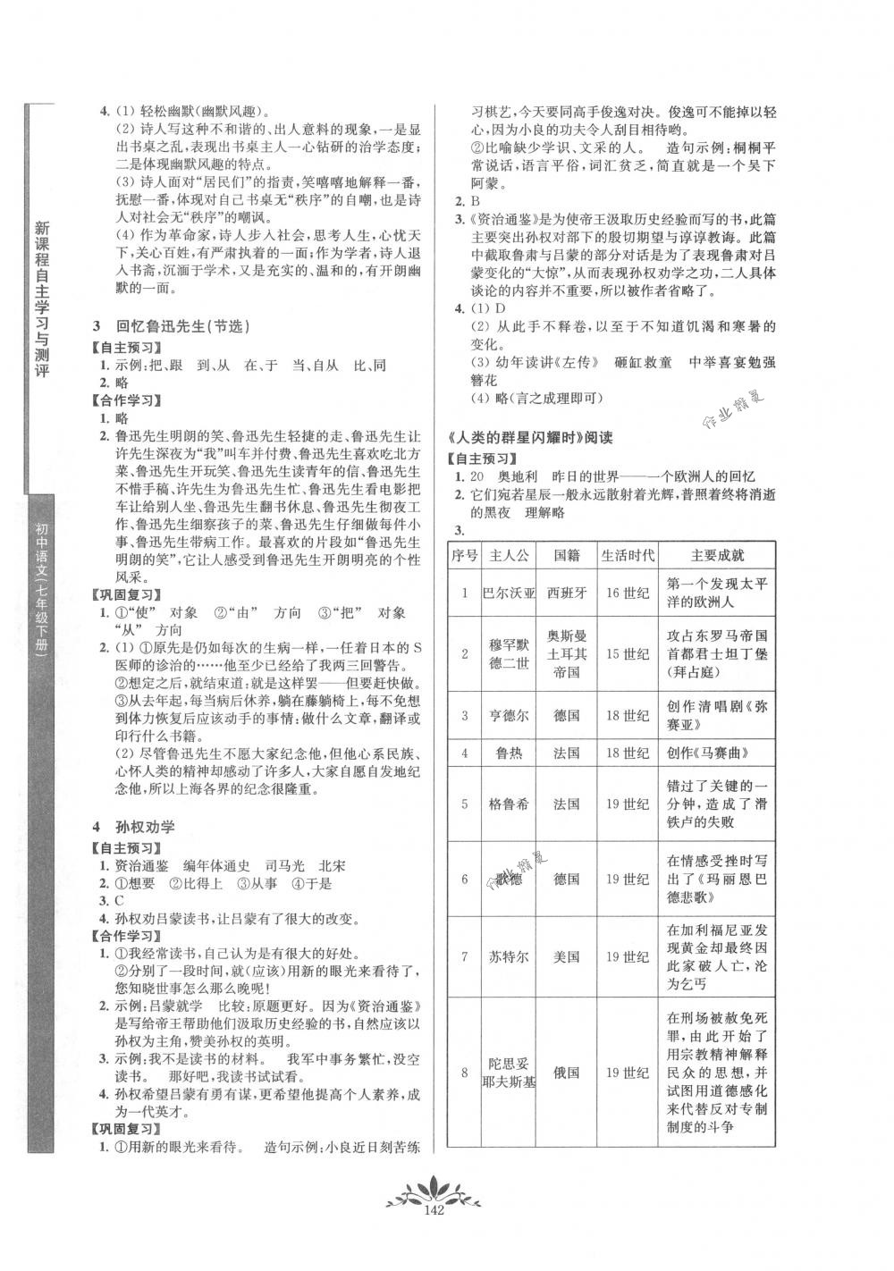 2018年新课程自主学习与测评七年级语文下册人教版答案—青夏教育