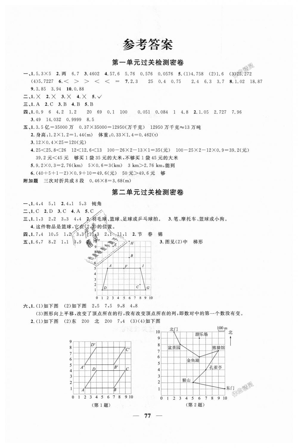 2018年阳光同学一线名师全优好卷五年级数学上册人教版答案—青夏