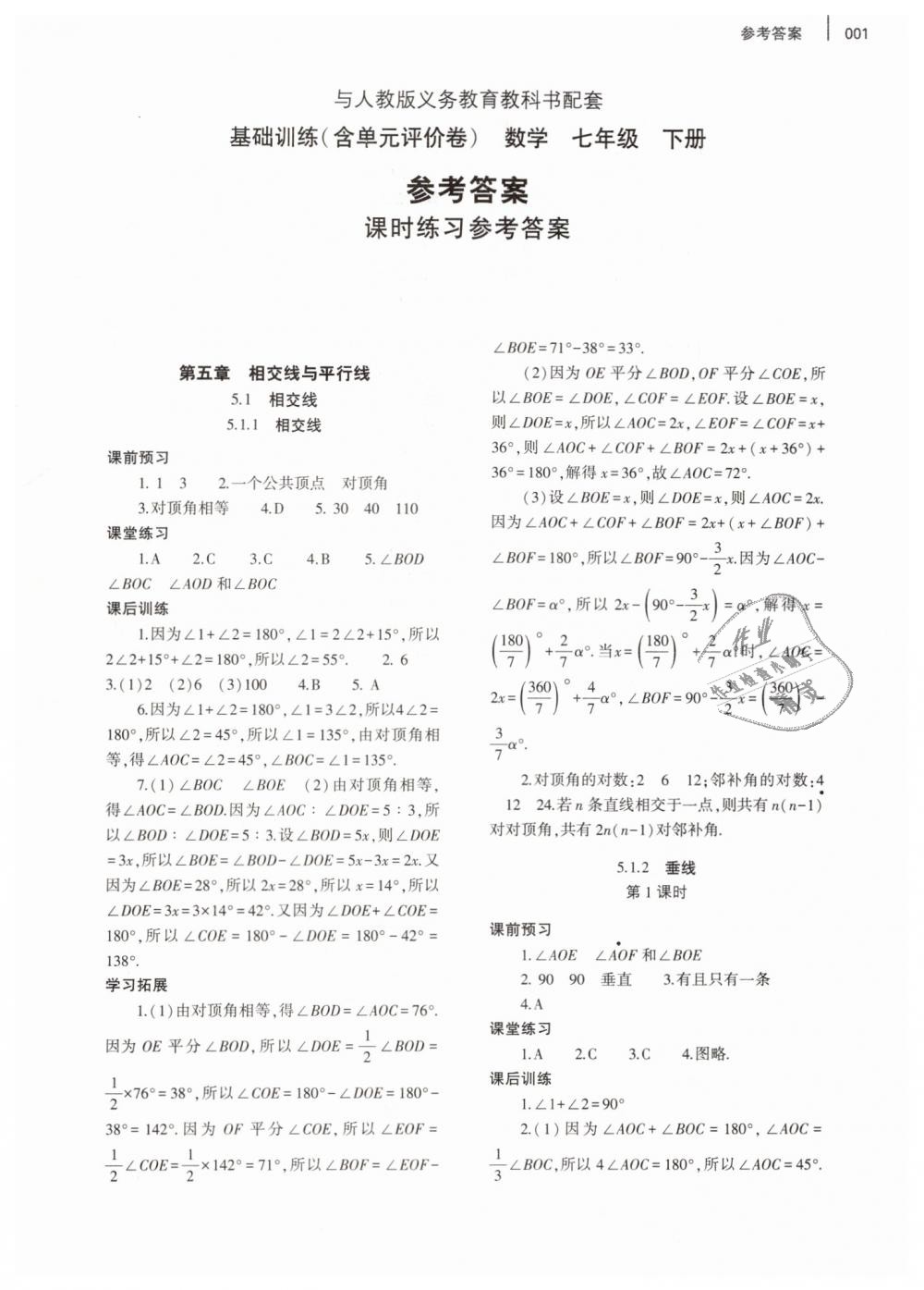 2019年基础训练七年级数学下册人教版大象出版社答案—青夏教育精英