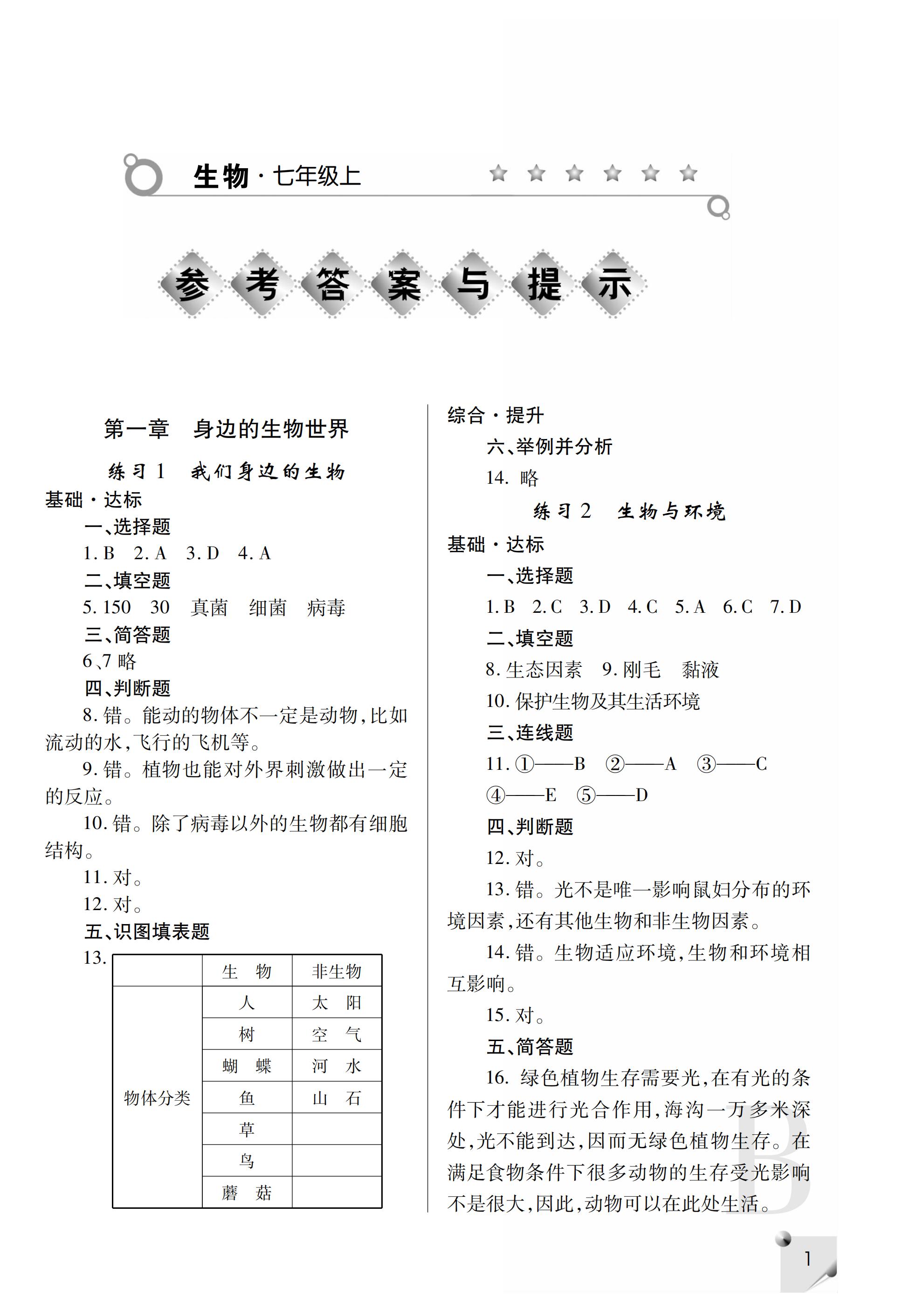 2019年课堂练习册七年级生物上册b版答案—青夏教育精英家教网