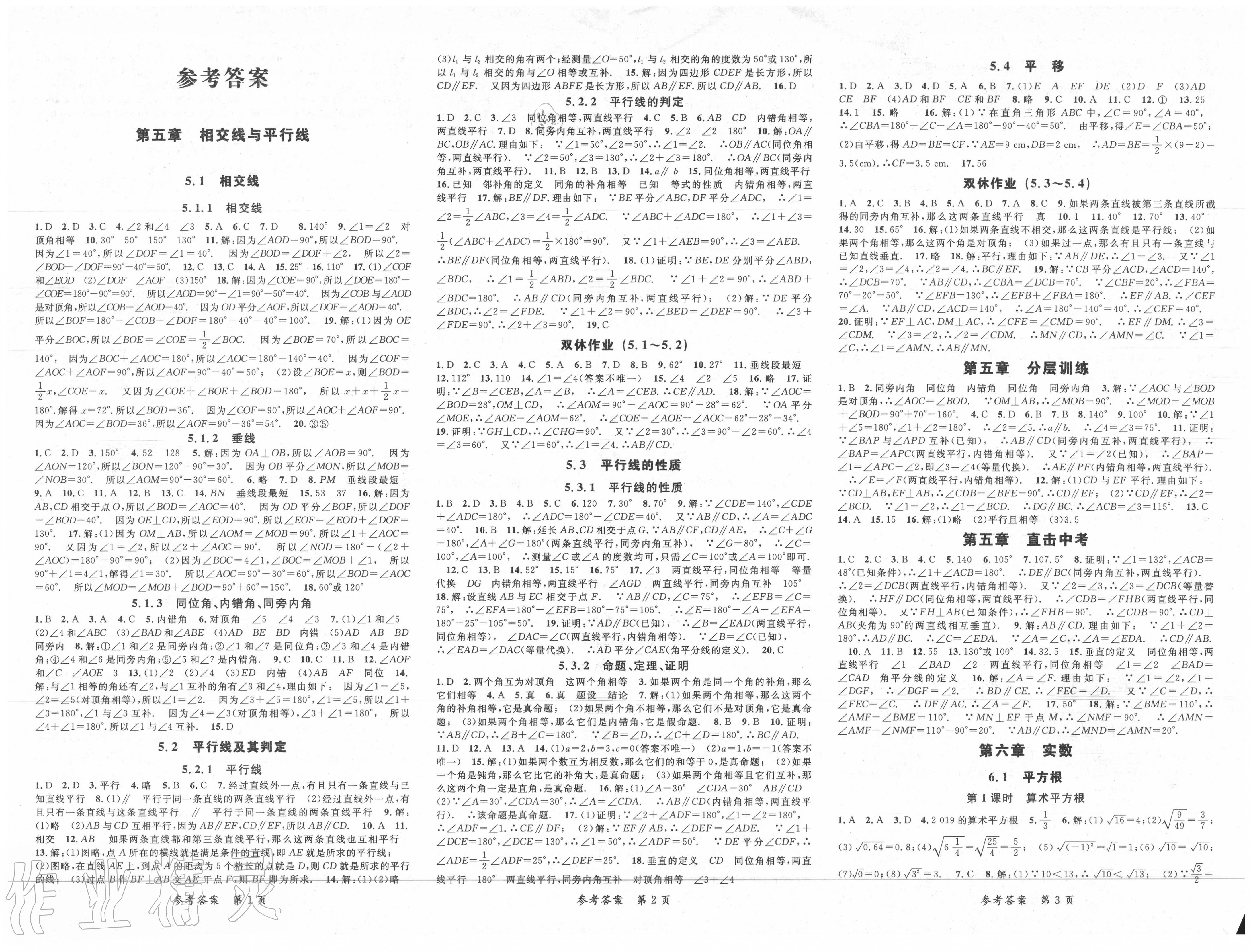 2020年高效课堂分层训练直击中考七年级数学下册人教版答案——青夏