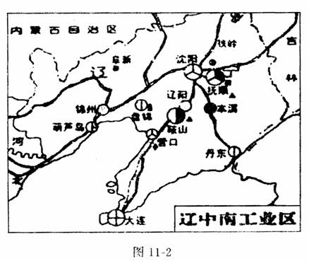 1,读图11-2,11-3和11-4,辽中南工业区图,东北地区矿产资源分布图和