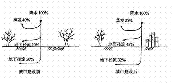 汛期洪峰流量加大(2)城市建设后地面径流发生变化的主要原因是